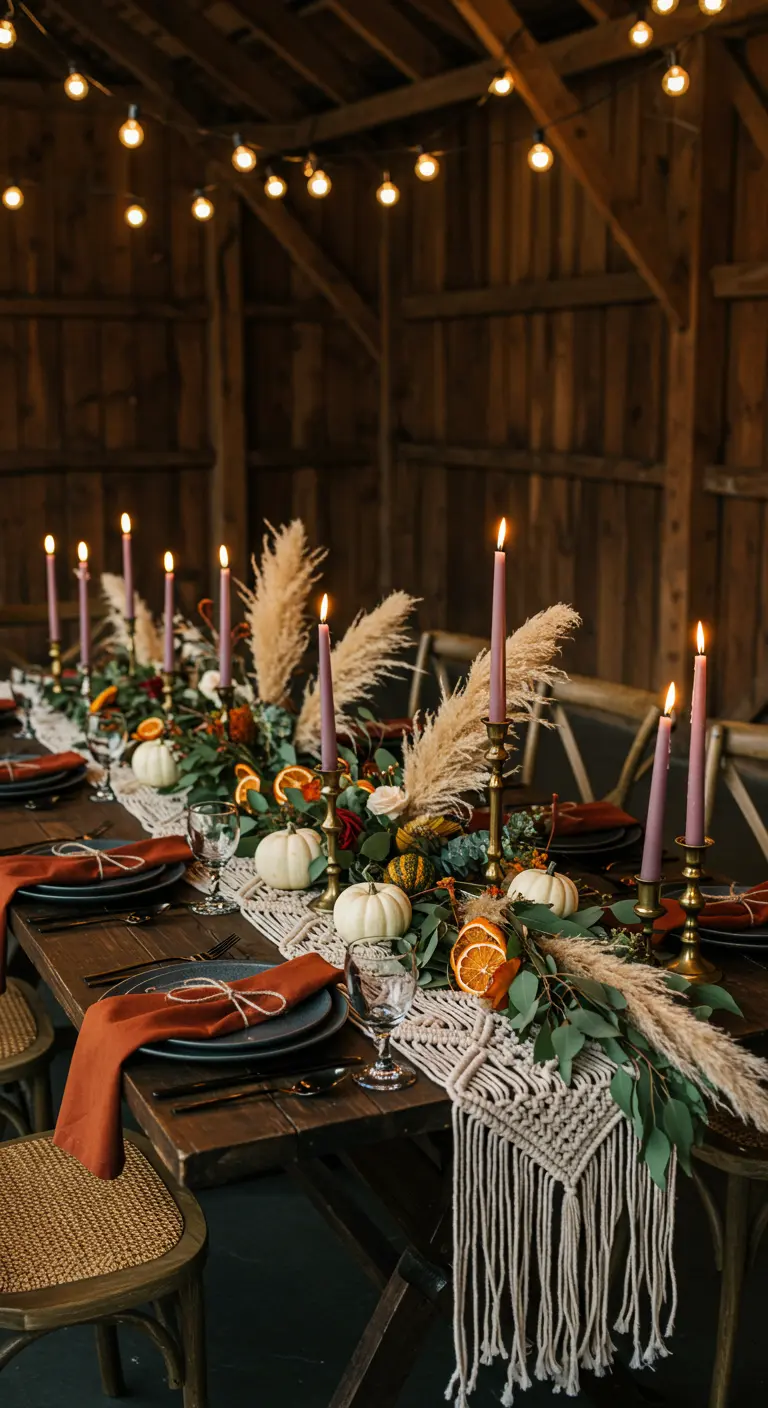 Rustic barn tablescape with a macramé runner, pampas grass, pumpkins, and mauve candles.
