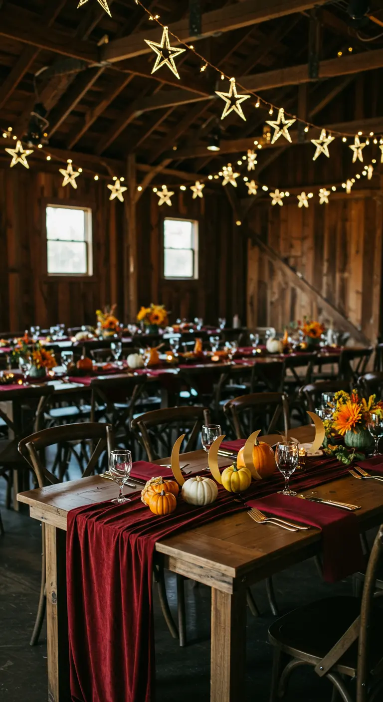 Rustic barn party with star string lights and tables set with pumpkins and red runners.