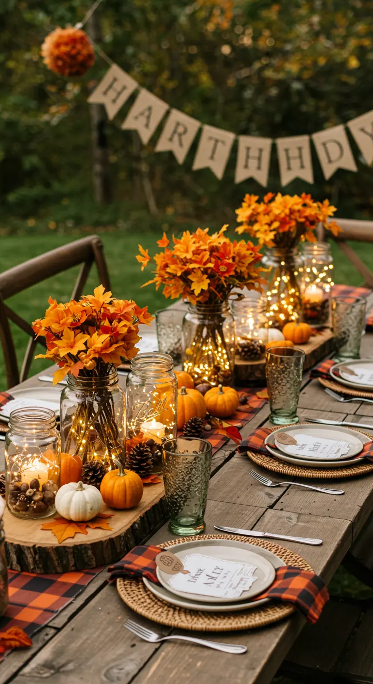Autumn-themed table with mason jar lights, pumpkins, and a plaid runner.