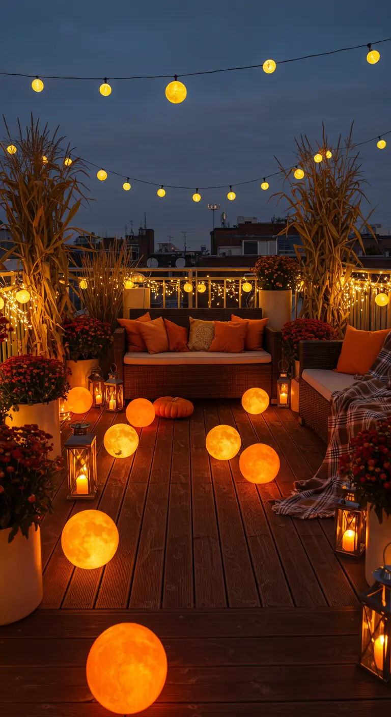 A cozy fall-themed rooftop deck with pumpkins, mums, lanterns, and orange glowing orbs at dusk.