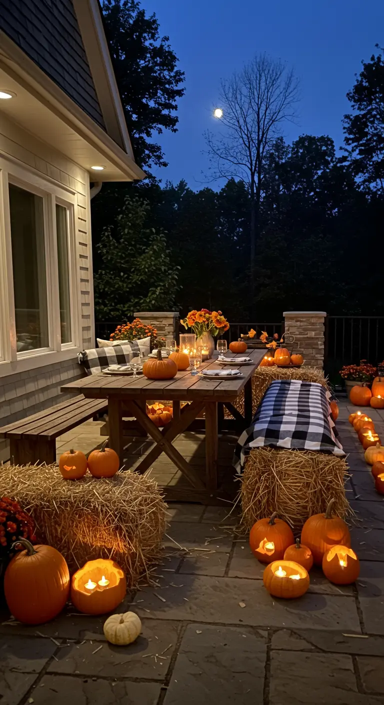 An autumn-themed patio with a dining table, hay bale seats, and pumpkins carved into candle holders.