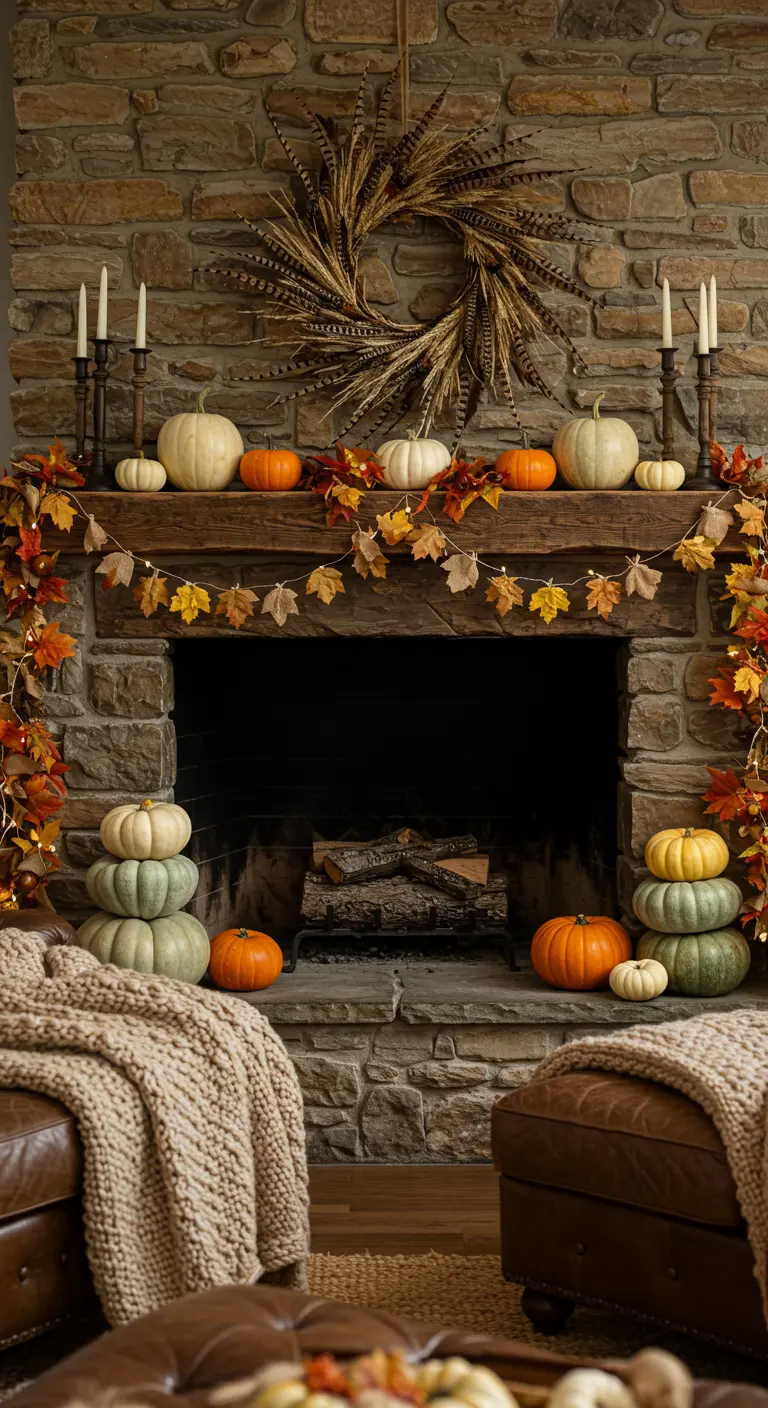 Stone fireplace with a feather wreath, pumpkin display, and autumn leaf garland.