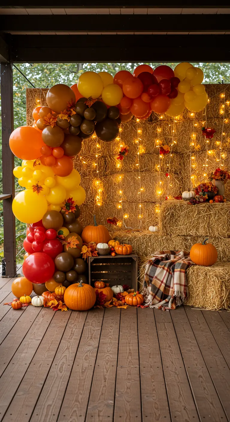 An autumn-themed backdrop with an orange and yellow balloon arch, hay bales, and pumpkins.