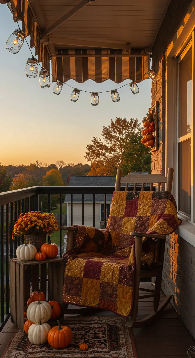 A balcony in autumn with a rocking chair, a harvest-themed quilt, and pumpkins at sunset.