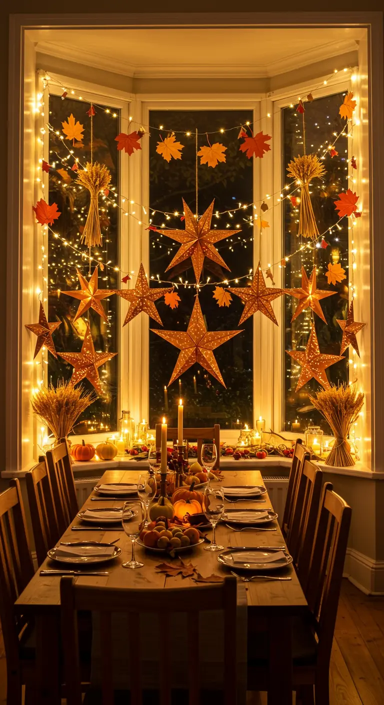 An autumn-themed dining table set before a bay window decorated with paper stars and leaf garlands.