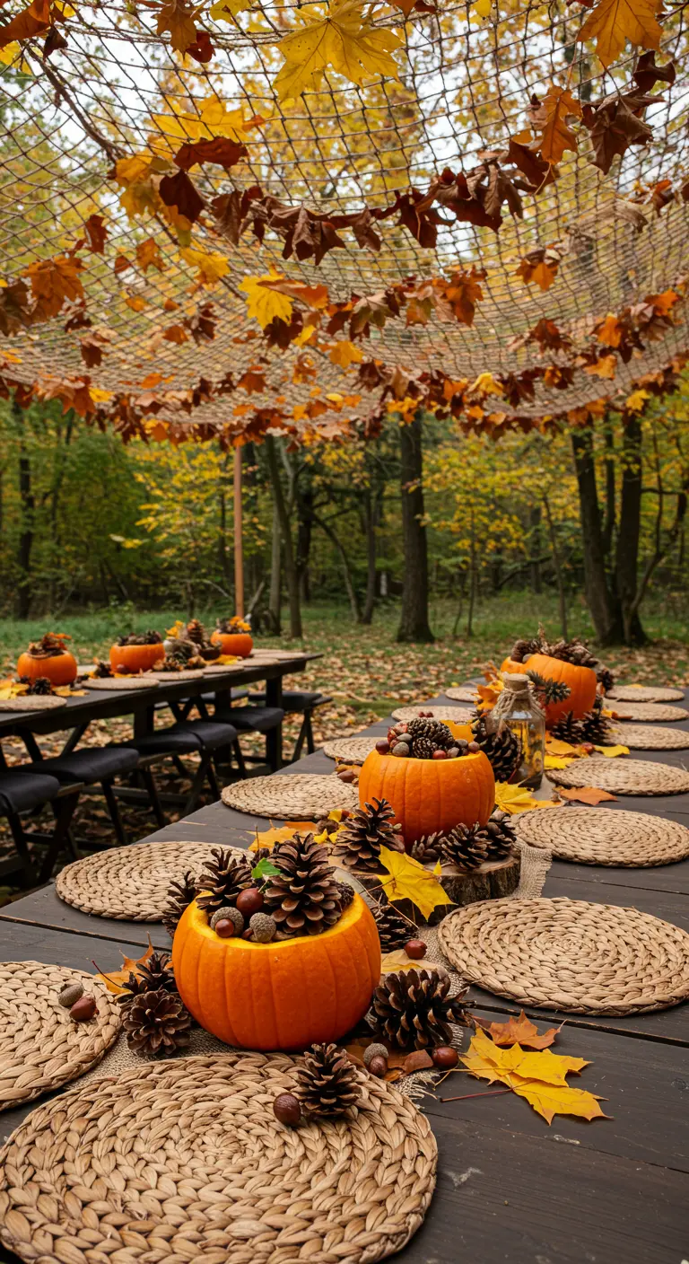 Autumnal table with pumpkin centerpieces and a canopy of fall leaves.