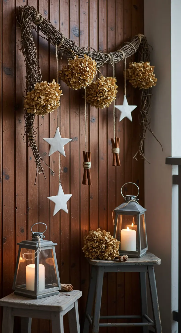 A rustic display with a grapevine wreath, dried hydrangeas, and white stars.