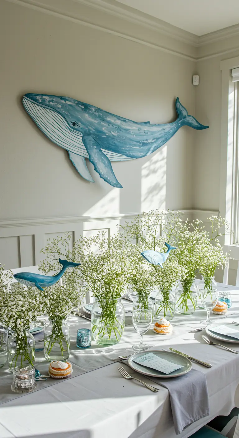 A dining table with baby's breath centerpieces and a large whale painting on the wall.
