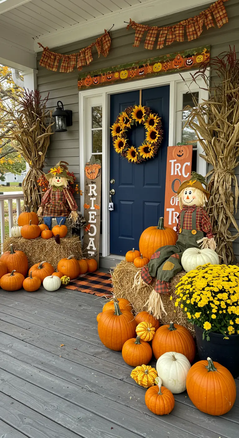 Fall harvest porch with hay bales, pumpkins, scarecrows, and a sunflower wreath.