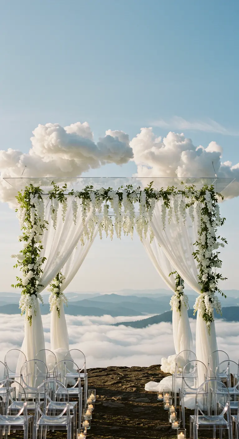 Clear acrylic wedding arch with white wisteria appearing to float above the clouds.