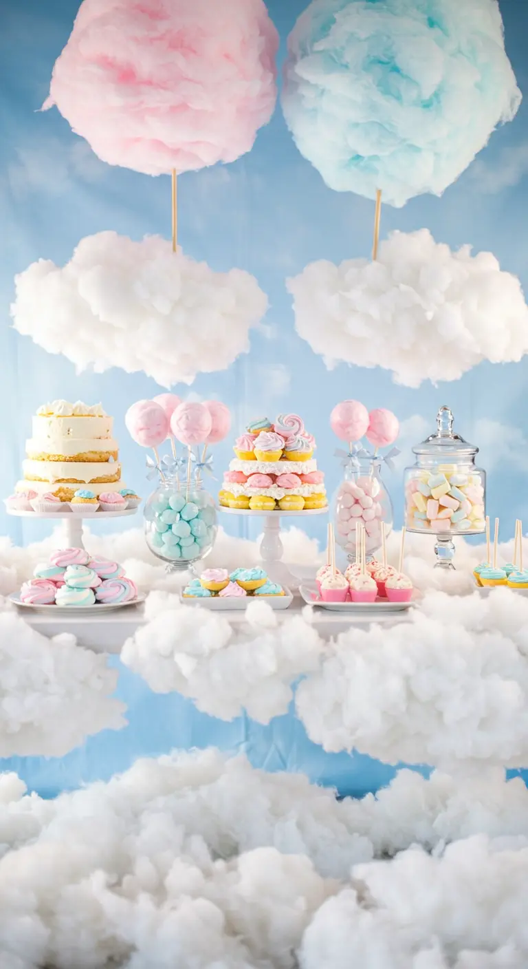 Ethereal dessert table with cotton candy clouds floating above and below the treats.