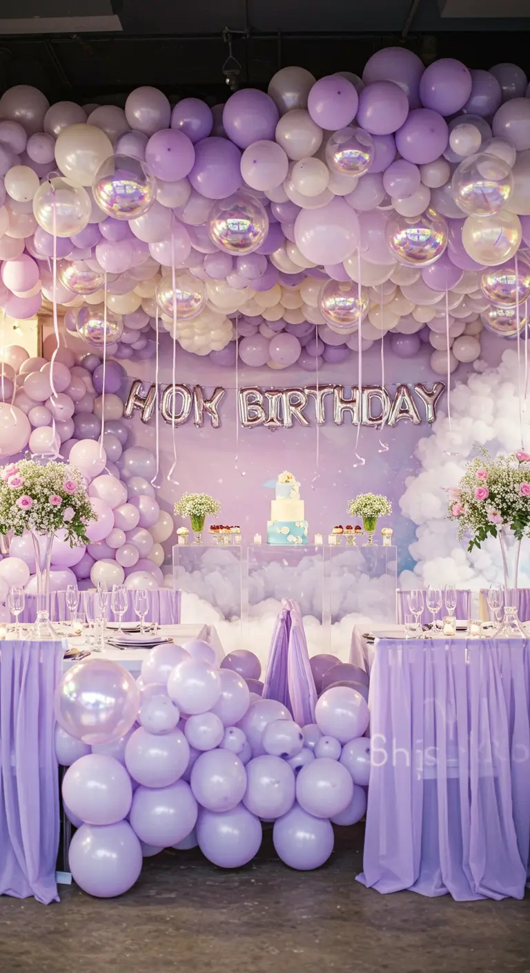 Lavender and white balloon installation with a cloud effect around a dessert table.