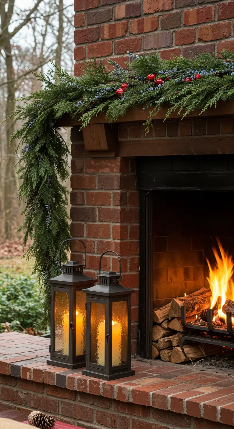 Two black lanterns on the hearth of an outdoor brick fireplace with a fire.