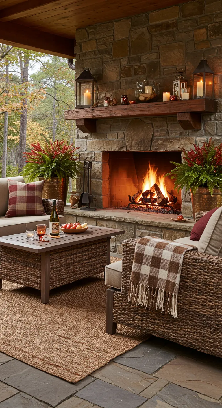 A rattan sectional facing a crackling stone fireplace with plaid pillows and throws.