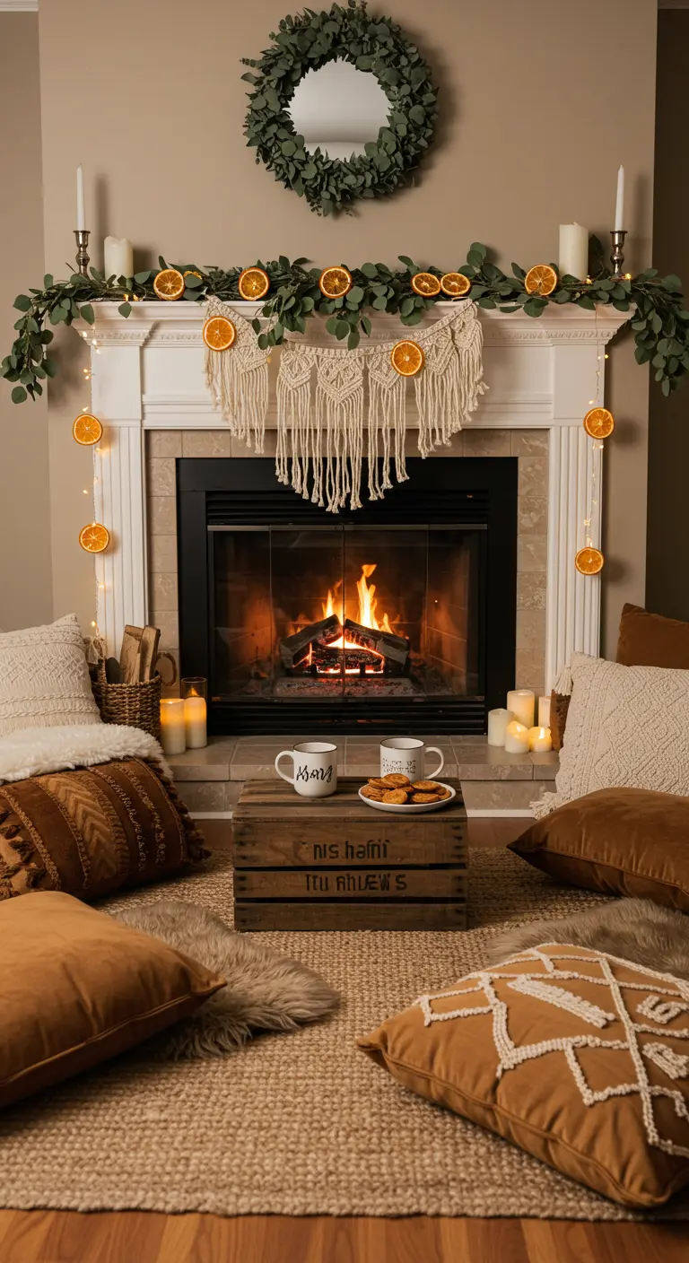 A cozy fireplace decorated with a eucalyptus and dried orange garland, a macramé banner, and floor pillows.