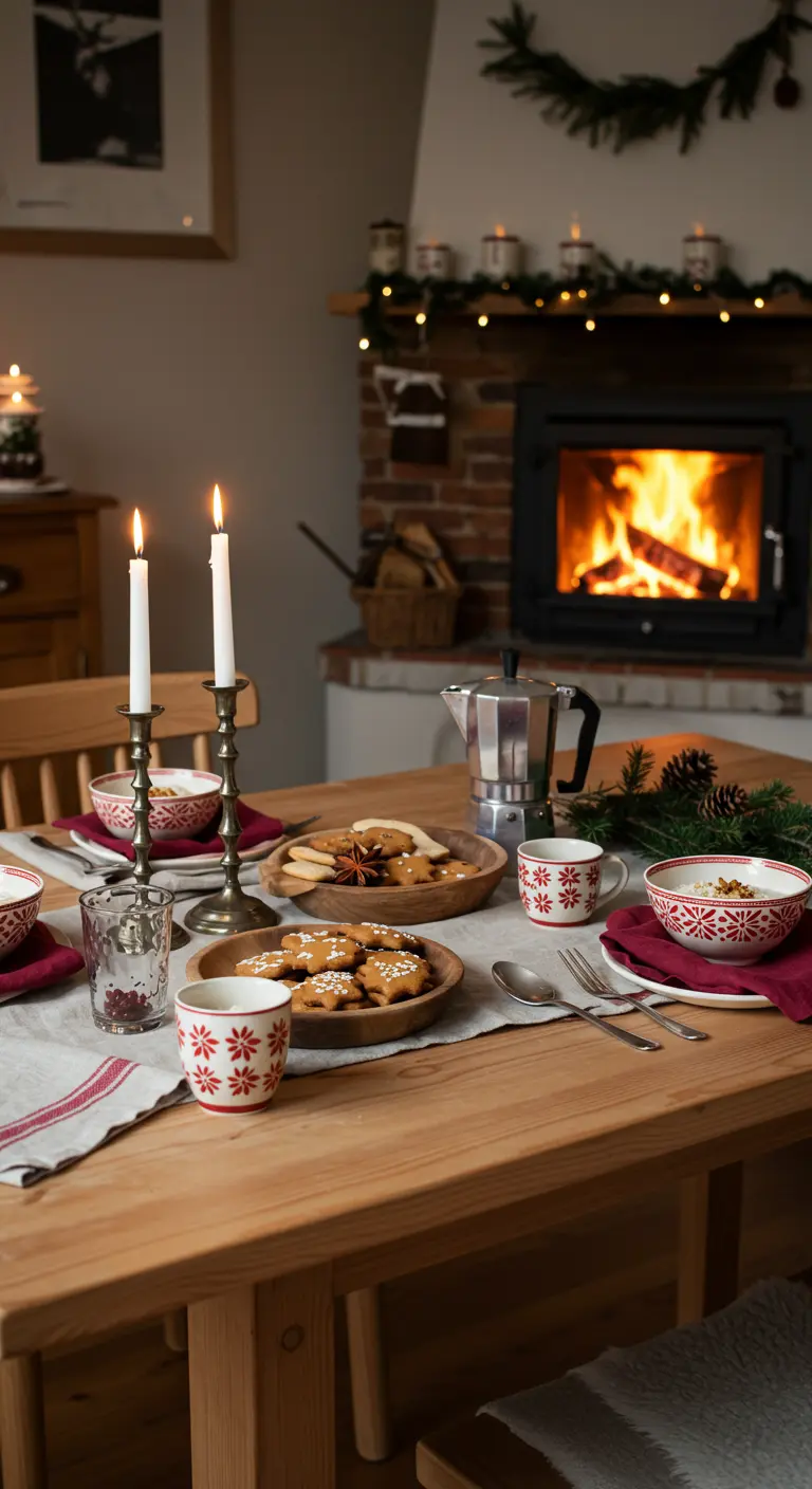 A cozy holiday table set by a fireplace with red-and-white patterned mugs and cookies.