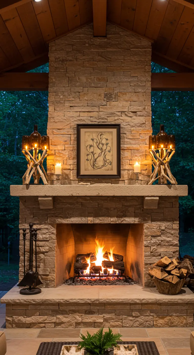Two large driftwood lanterns with multiple bottles flanking a stone fireplace.