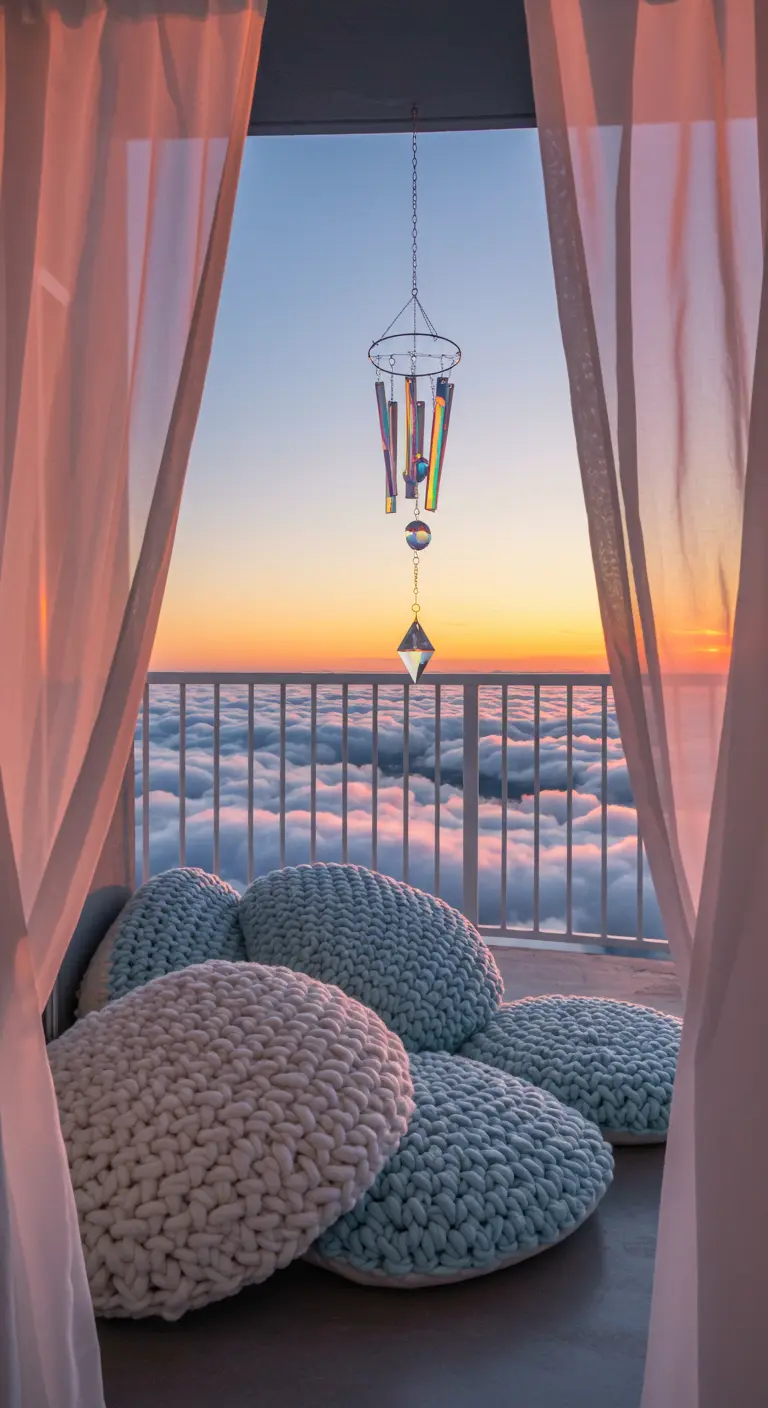High-rise balcony with chunky knit pillows looking down on a sea of clouds.