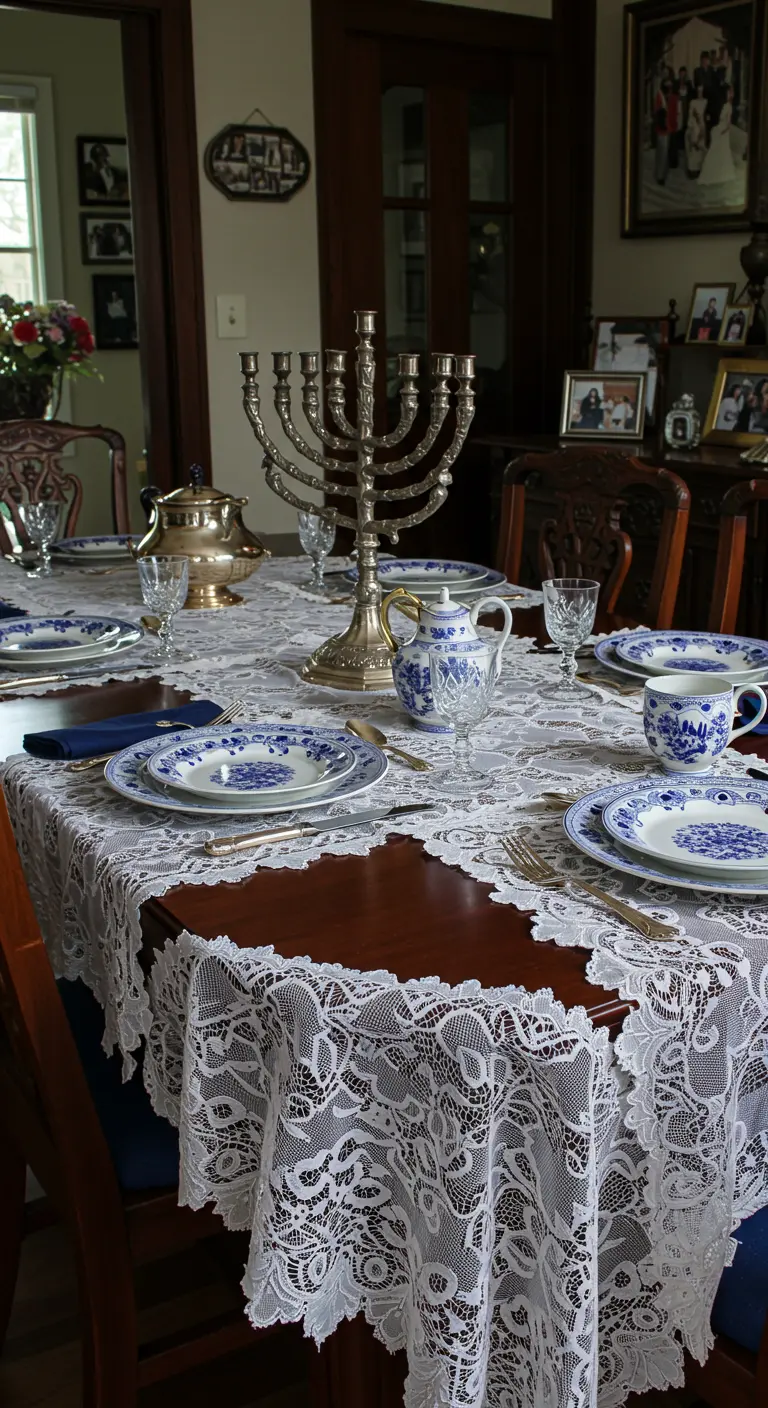 An elegant Hanukkah table with a white lace tablecloth and blue-and-white china.
