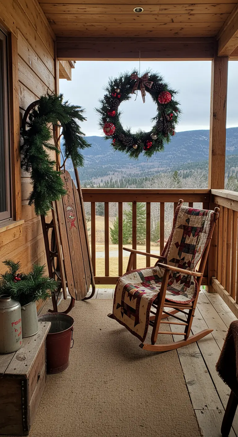 A rustic balcony with a vintage sled, a rocking chair with a quilt, and a Christmas wreath.