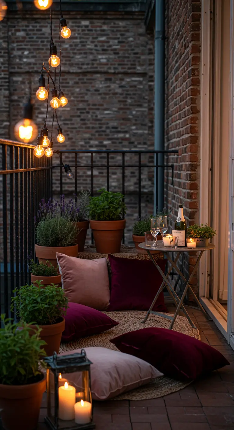 Balcony with terracotta pots of herbs, velvet floor pillows, and a bistro table.