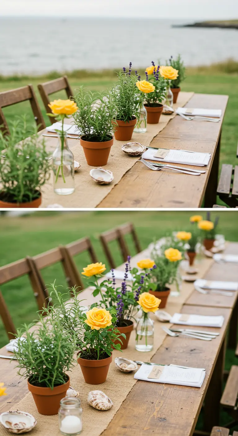 A table runner made of potted rosemary, lavender, and yellow roses in terracotta pots.