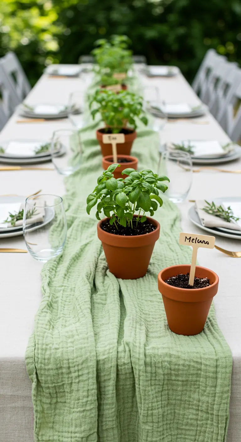 A party table set with a green gauze runner and potted herbs as place cards.