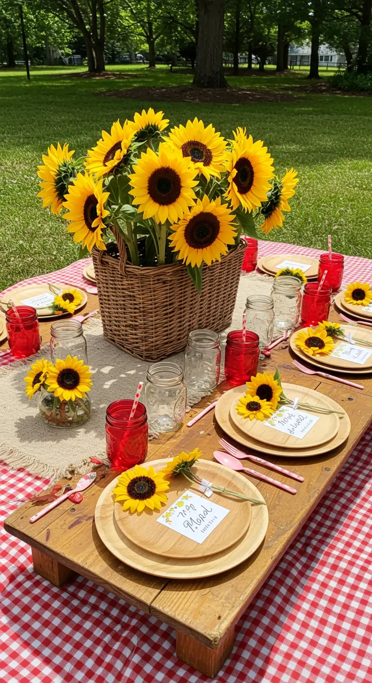 A sunny picnic table with a red gingham cloth and a basket overflowing with sunflowers.