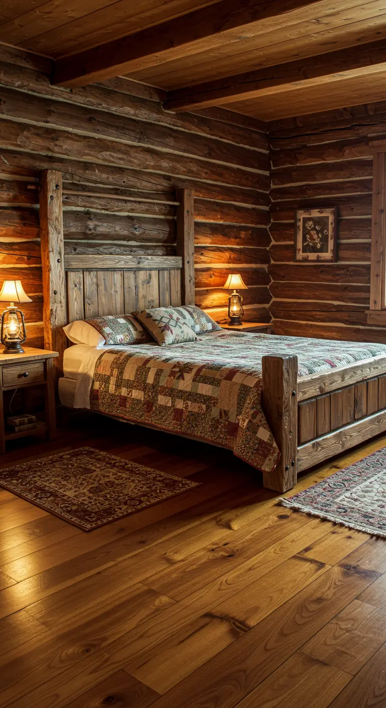 A heavy timber four-poster bed with a patchwork quilt in a rustic log cabin room.