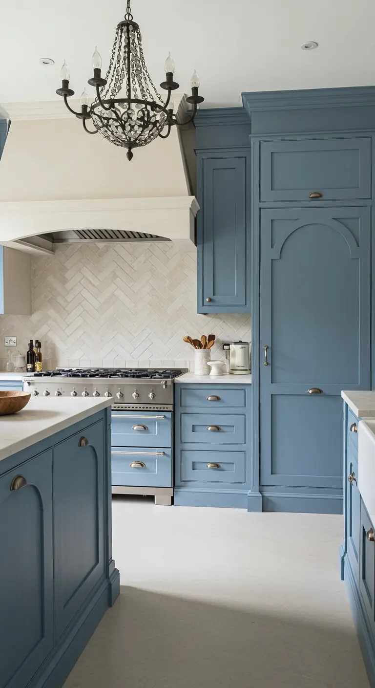 A Country French kitchen with blue cabinets, a white herringbone tile backsplash, and a dark chandelier.