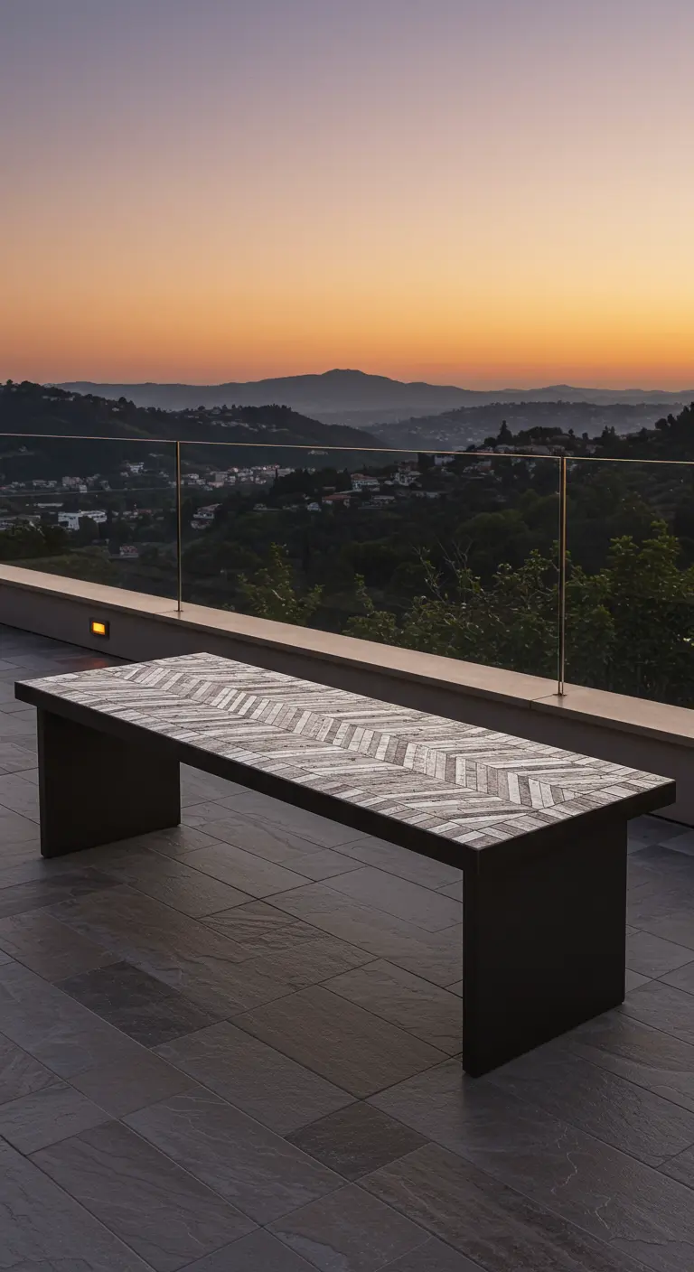 A modern, dark bench on a balcony with a gray and white herringbone tile mosaic top, overlooking a sunset.