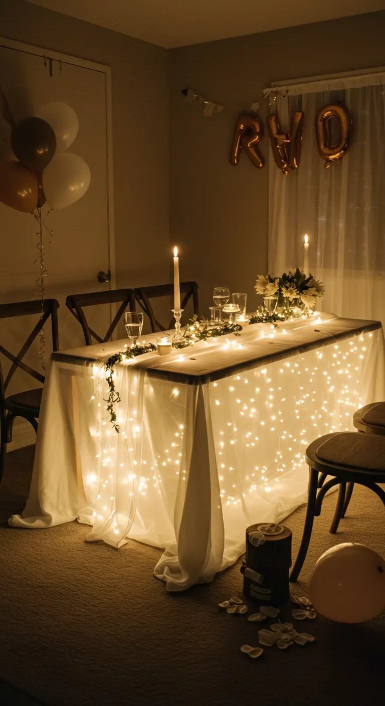 A dining table with a white tablecloth that is lit from underneath with fairy lights.