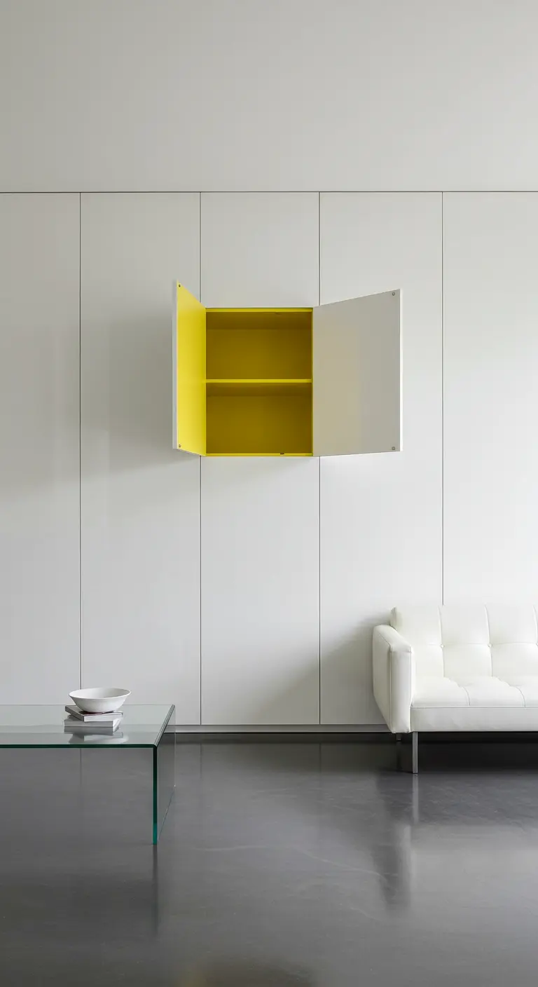 A wall of seamless white cabinets, with one open door revealing a bright yellow interior.