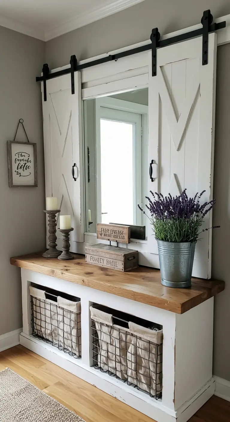 Farmhouse console with a mirror framed by two small, white sliding barn doors.