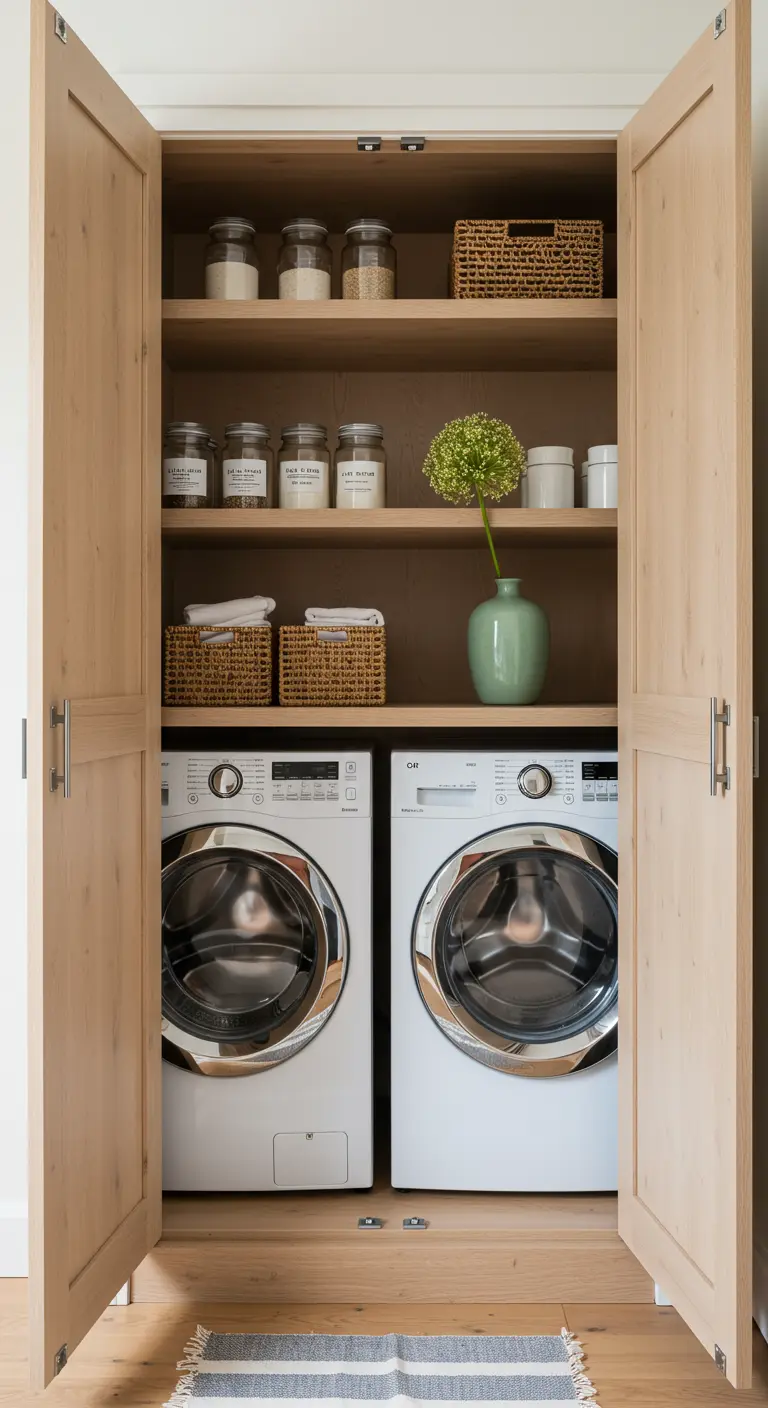 A washer and dryer hidden inside a light wood cabinet with open shelves above.