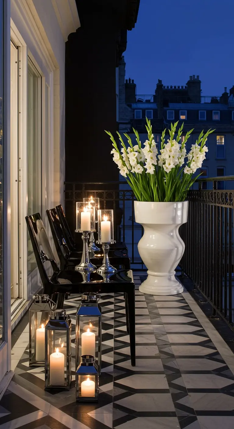 A chic balcony with black and white geometric tiles, black chairs, and white gladiolus.