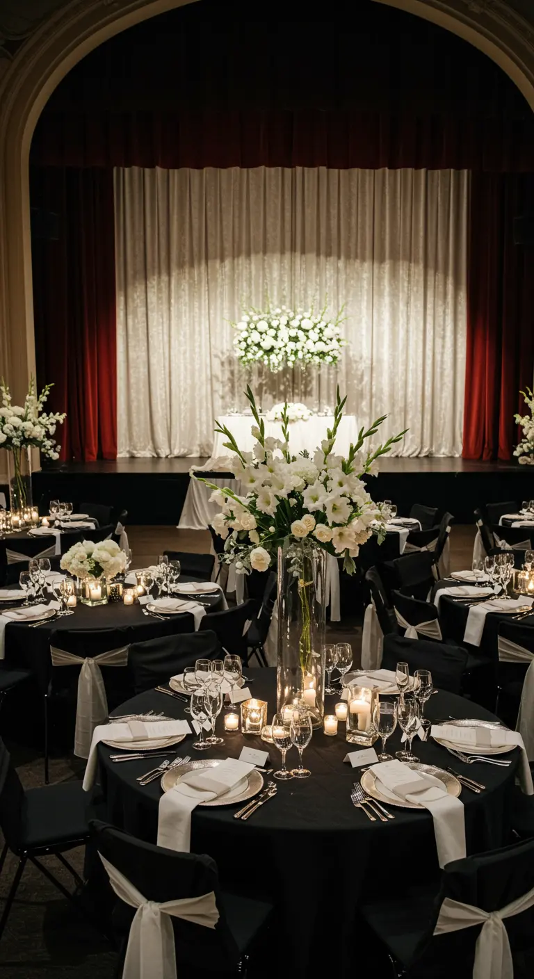 A dramatic wedding reception with black tablecloths and tall, elegant white floral centerpieces.