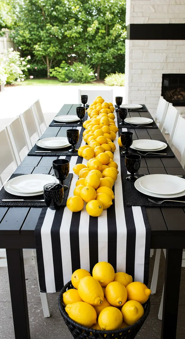 A modern black-and-white table setting with a massive lemon garland on a striped runner.