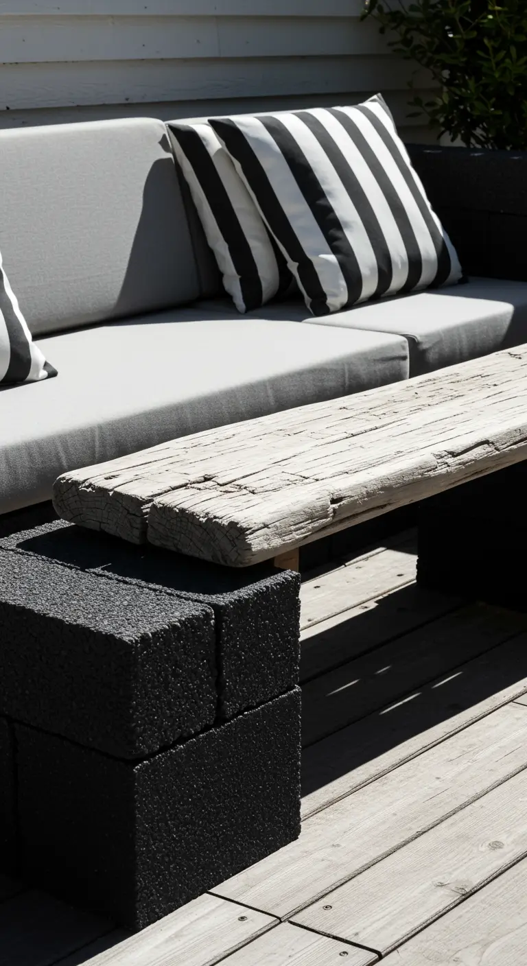 A bench with black-painted cinder blocks and a weathered white driftwood top.