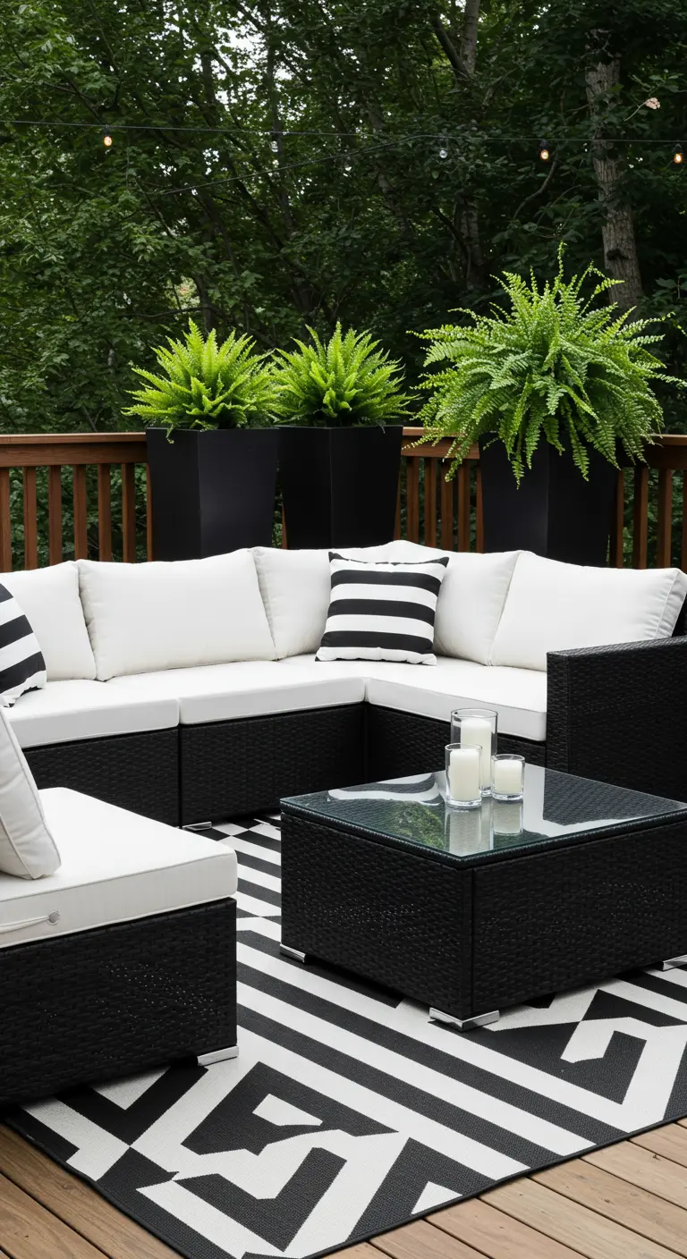 A black rattan sectional with white cushions on a black and white geometric rug.
