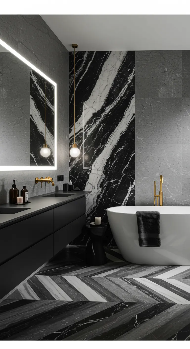 Modern bathroom with a dramatic black and white marble accent wall behind the tub.