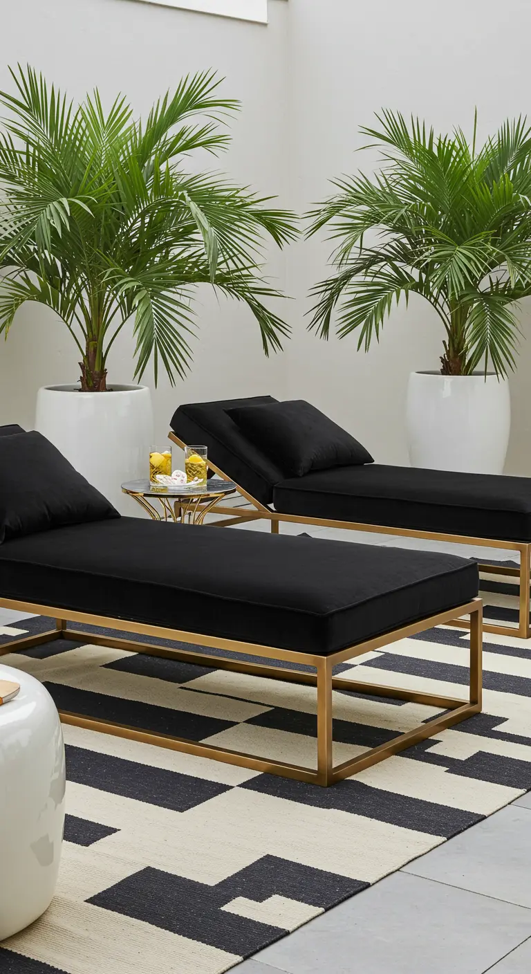 Black velvet chaises with gold frames on a graphic rug next to potted palms.