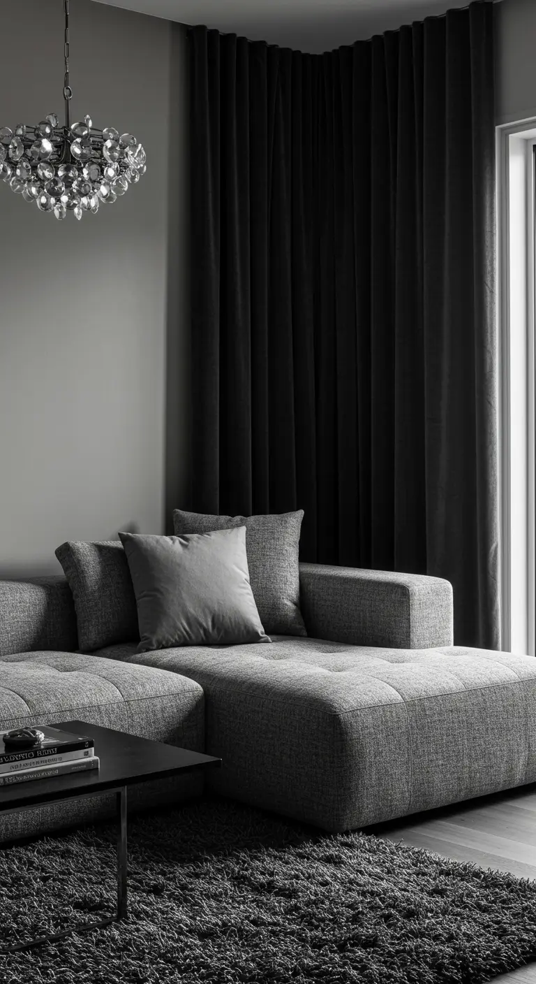 A dramatic monochrome living room with a gray sectional and black curtains.