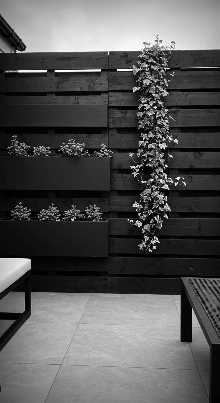 A modern black pallet screen and planters with a starkly contrasting variegated white and green ivy.