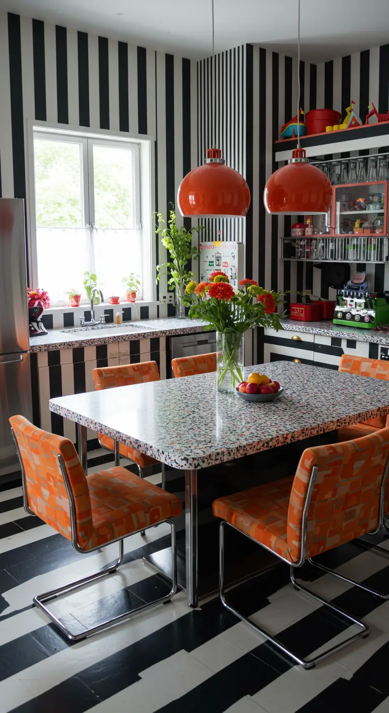 Kitchen dining area with bold black and white striped walls and orange plaid chairs.