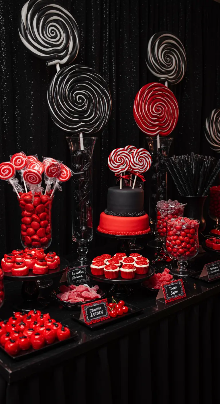 Dramatic red, black, and white candy table with large swirl lollipops.
