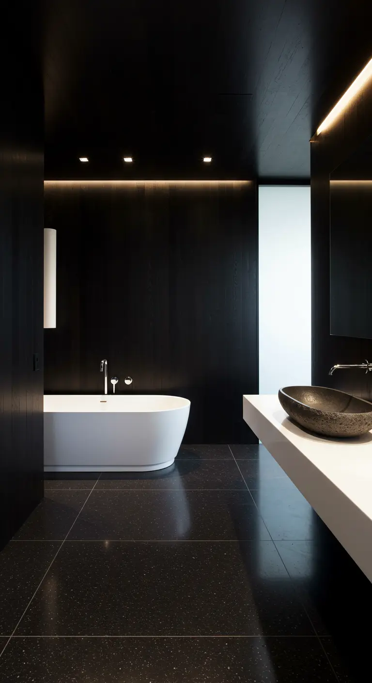 Minimalist black and white bathroom with a white tub, black walls, and a white floating vanity.