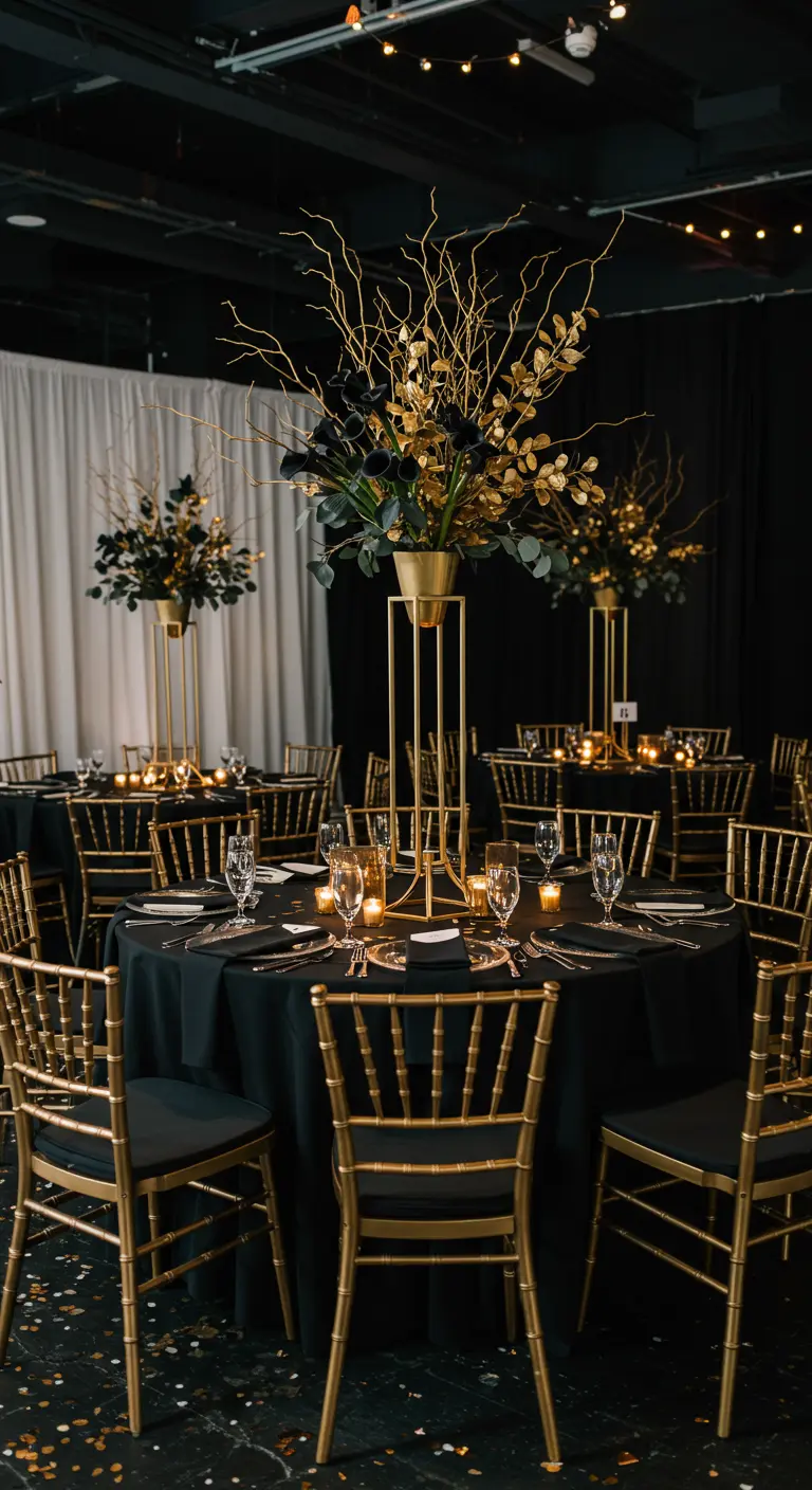 A dining table with tall, minimalist centerpieces of gold branches in slender gold vases.