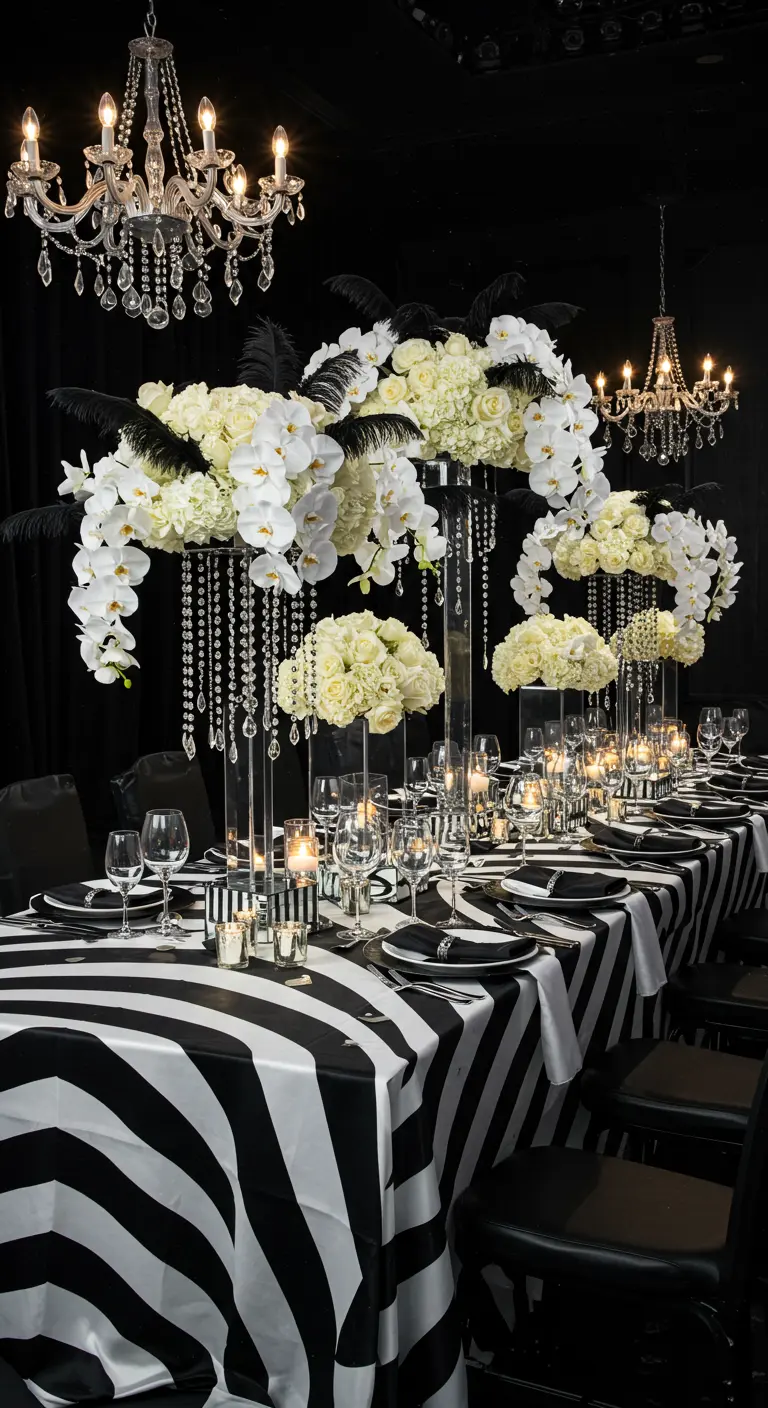 Extravagant black and white striped table with chandeliers and white orchids.
