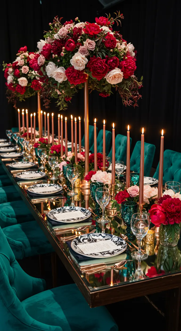 Mirrored table with teal chairs, tall candelabras, and red and pink peonies.